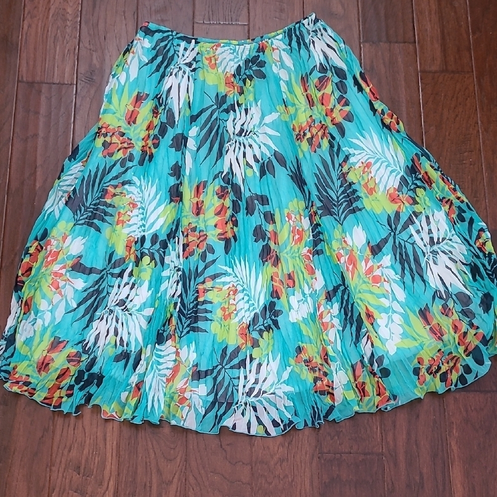 Ruby Rd Colorful Tropical Print Crinkle Pleated Pullon Maxi Skirt size 18W